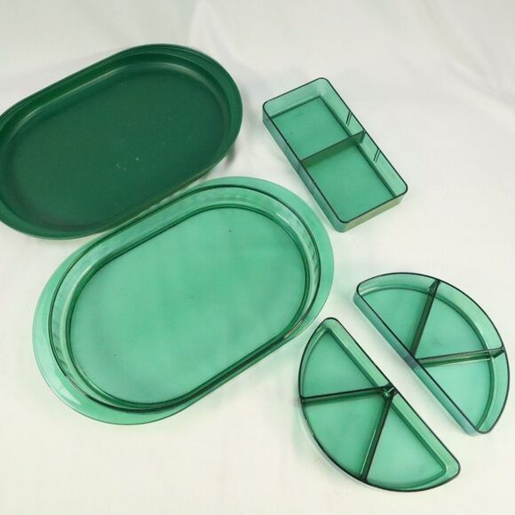 TUPPERWARE Green Jewel Tone Oval APPETIZER Dish W/Lid & Trays 2015A-1 - Picture 1 of 11